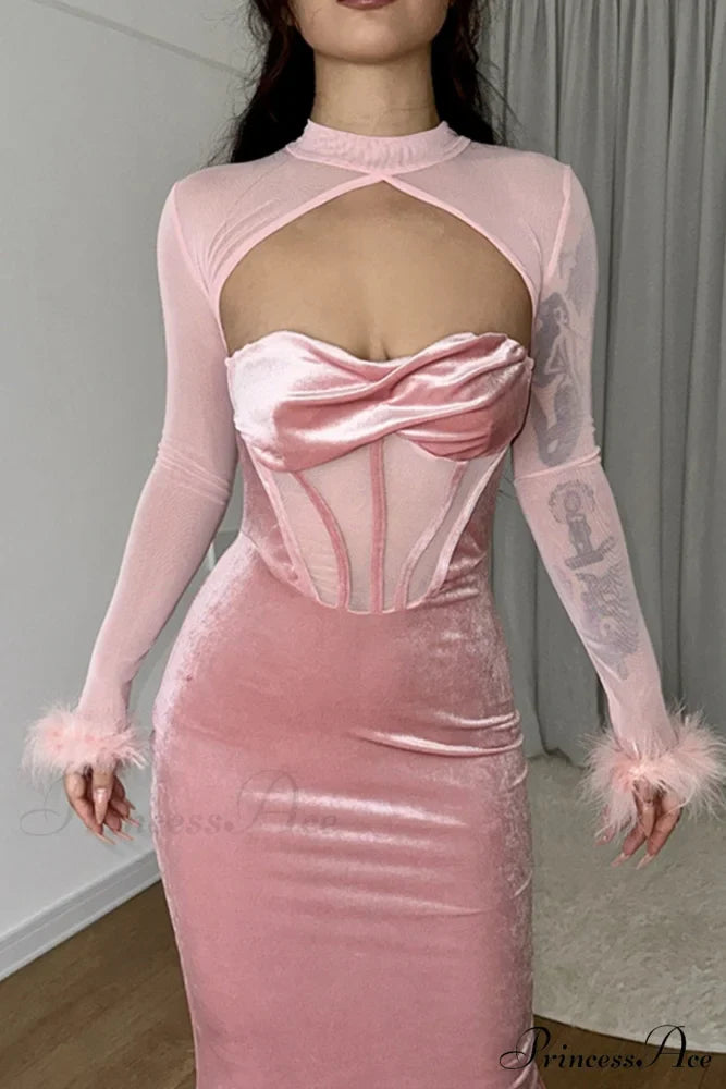 Velvet Mesh Patchwork Dress with Low Cut