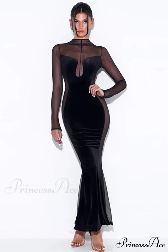 Velvet Mesh Patchwork Maxi Dress