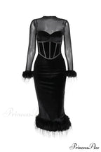 Velvet Patchwork Fuzzy Hem Slit Dress