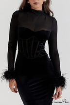 Velvet Patchwork Fuzzy Hem Slit Dress