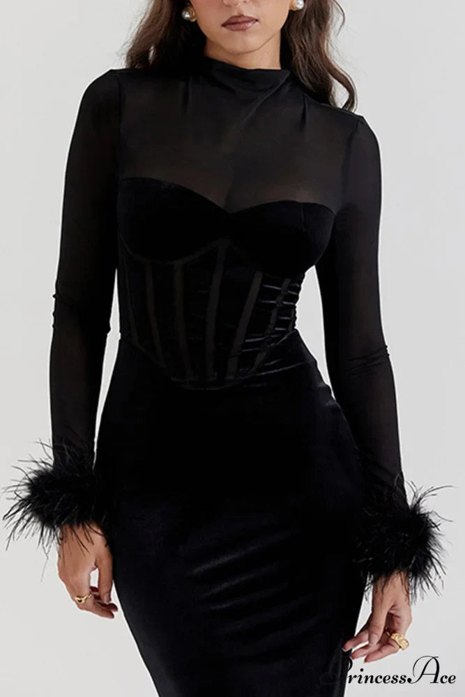 Velvet Patchwork Fuzzy Hem Slit Dress