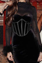 Velvet Patchwork Fuzzy Hem Slit Dress