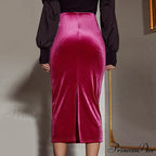 Velvet Slim Knee Length High Waist Stretch Sexy Slit Pencil Skirt