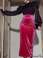 Velvet Slim Knee Length High Waist Stretch Sexy Slit Pencil Skirt