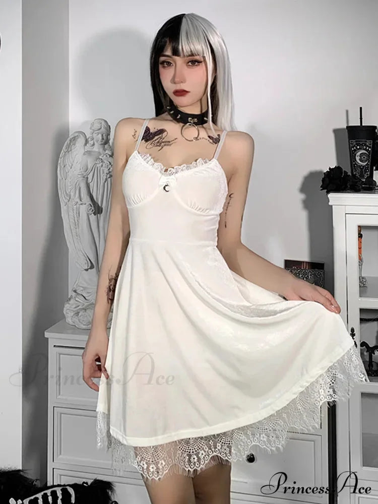 Velvet Spaghetti Strap Backless Moon Pendant Colorful Lace Trim A-Line Waist-in Sleeveless Corset Dress