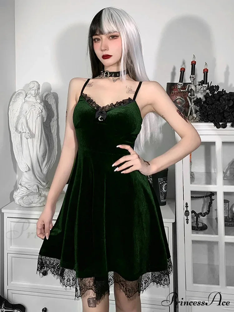 Velvet Spaghetti Strap Backless Moon Pendant Colorful Lace Trim A-Line Waist-in Sleeveless Corset Dress