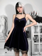 Velvet Spaghetti Strap Backless Moon Pendant Colorful Lace Trim A-Line Waist-in Sleeveless Corset Dress