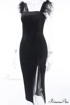 Velvet Split Dress with Fuzzy Shoulders