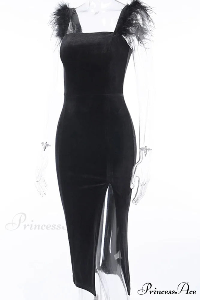 Velvet Split Dress with Fuzzy Shoulders