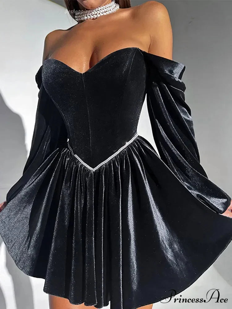Velvet Strapless Off Shoulder Party Dress