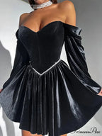 Velvet Strapless Off Shoulder Party Dress