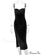 Velvet Swing Collar Sleeveless Sexy Slit Midi Dress