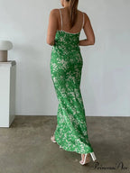 Verdant Blooms Pattern Seaside Relaxed Bohemian Open-Back Spaghetti Strap Dress