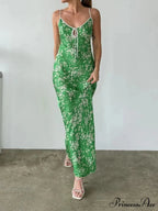 Verdant Blooms Pattern Seaside Relaxed Bohemian Open-Back Spaghetti Strap Dress
