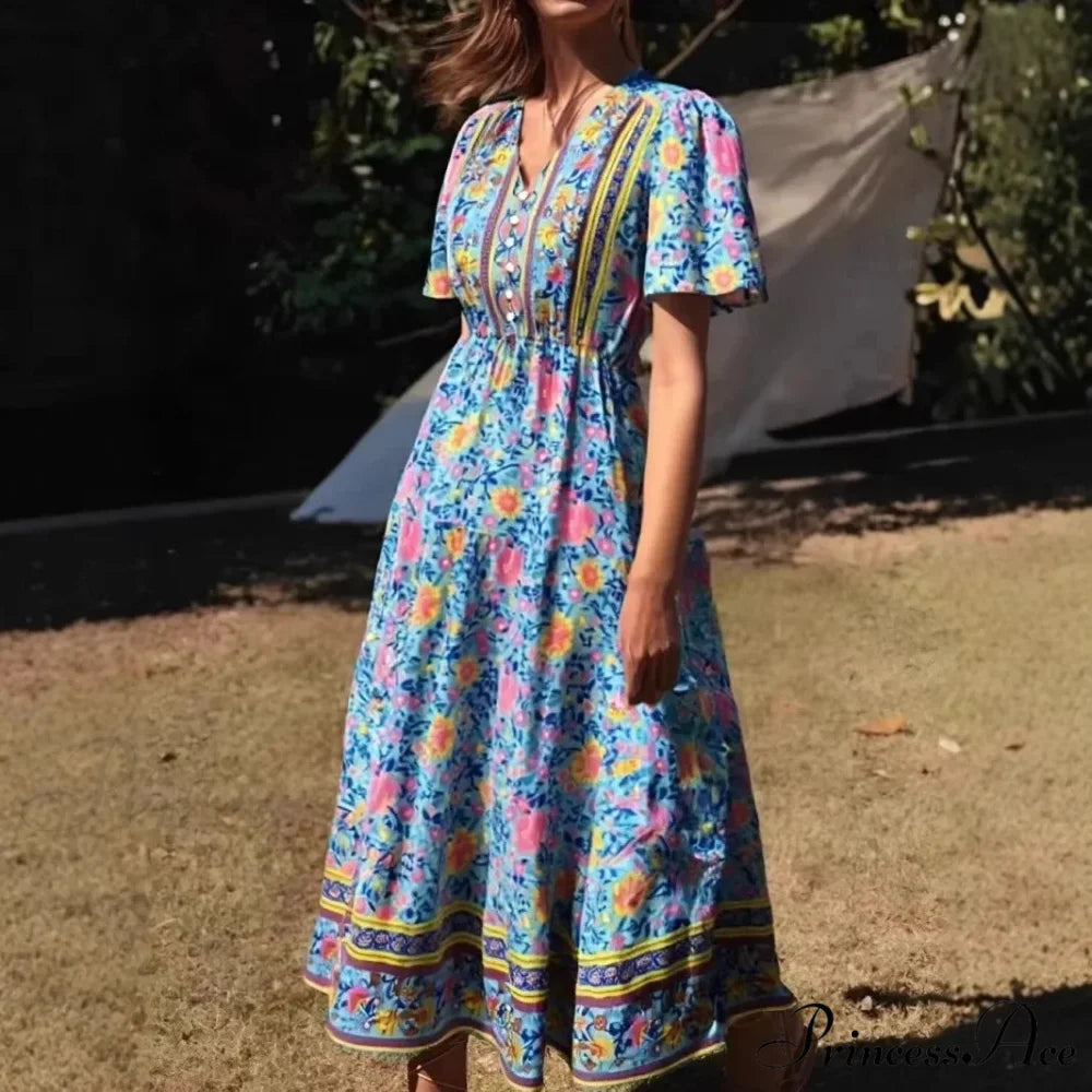 Verdant Flower Pattern Frills Sleeve Fringe V-neck Rayon Maxi Boho Dress