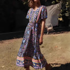 Verdant Flower Pattern Frills Sleeve Fringe V-neck Rayon Maxi Boho Dress