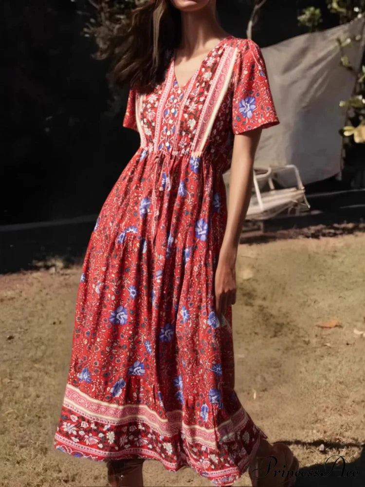 Verdant Flower Pattern Frills Sleeve Fringe V-neck Rayon Maxi Boho Dress