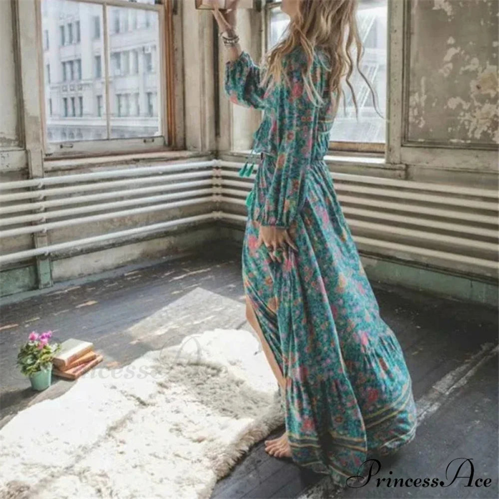 Verdant Flower Pattern Fringe Rayon Cotton Seaside Maxi Boho Dress