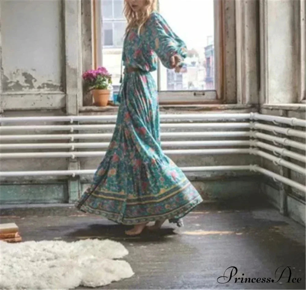 Verdant Flower Pattern Fringe Rayon Cotton Seaside Maxi Boho Dress