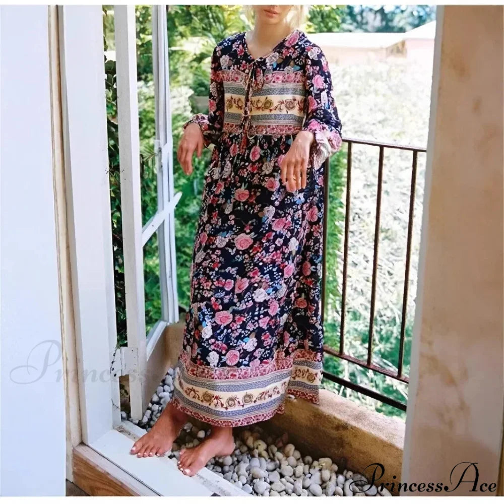Verdant Flower Pattern Necktie Long Sleeve Rayon Summertime Maxi Bohemian Dress