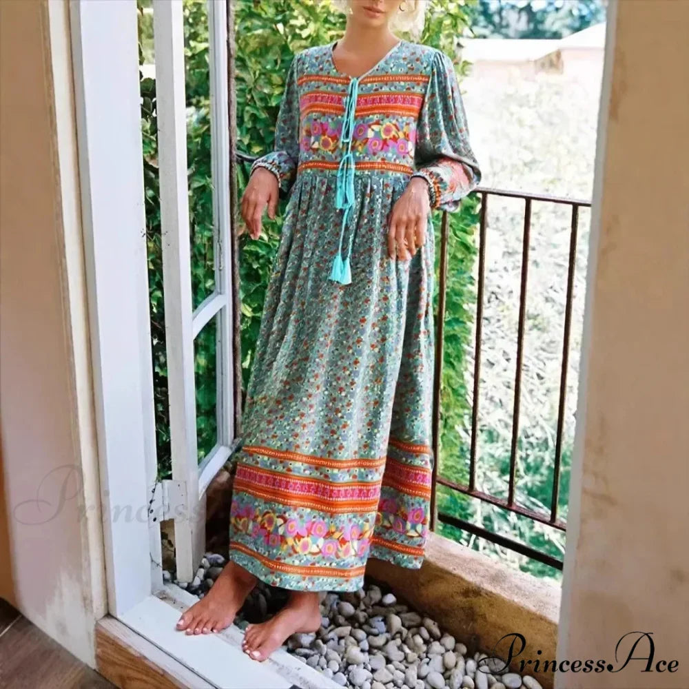 Verdant Flower Pattern Necktie Rayon Cotton Long Sleeve Ethnic Maxi Boho Dress
