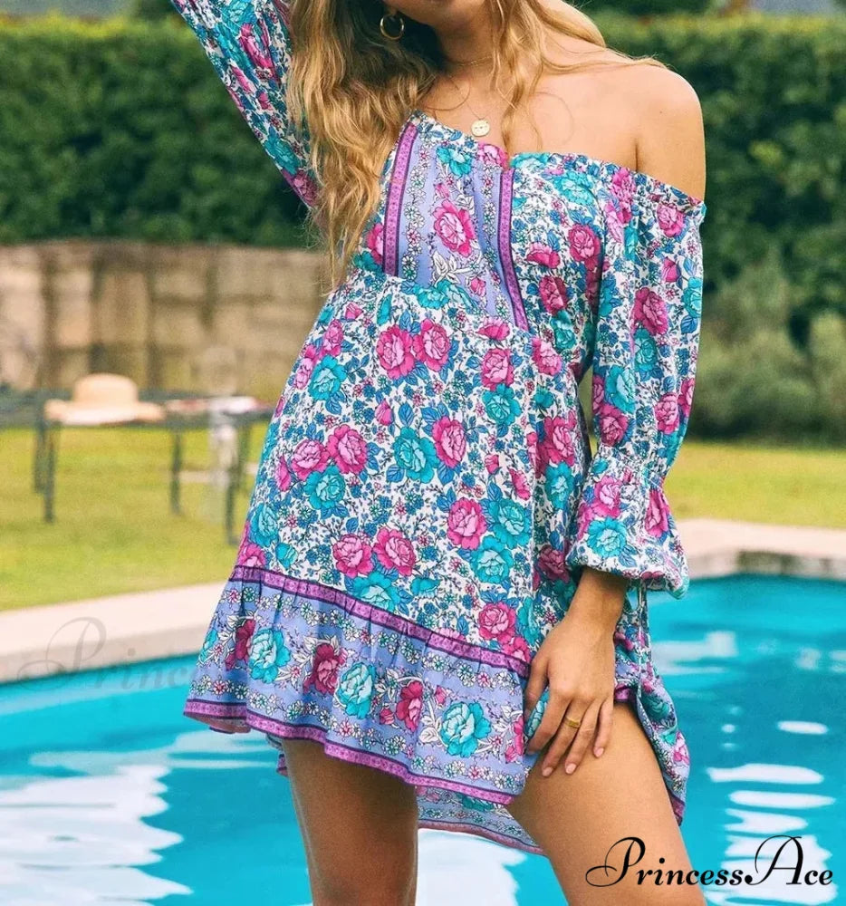 Verdant Flower Pattern Off-the-Shoulder Lengthy Sleeve Getaway Mini Bohemian Sun Dress