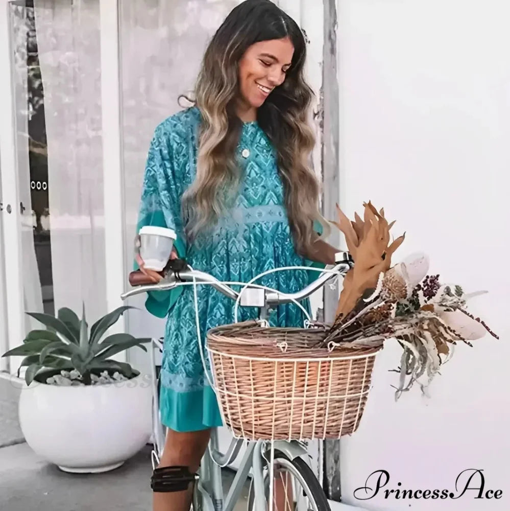 Verdant Flower Pattern Relaxed Round-neck Dolman Sleeve Short Bohemian Dress