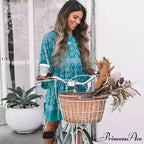 Verdant Flower Pattern Relaxed Round-neck Dolman Sleeve Short Bohemian Dress