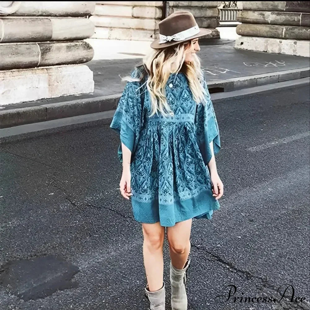 Verdant Flower Pattern Relaxed Round-neck Dolman Sleeve Short Bohemian Dress