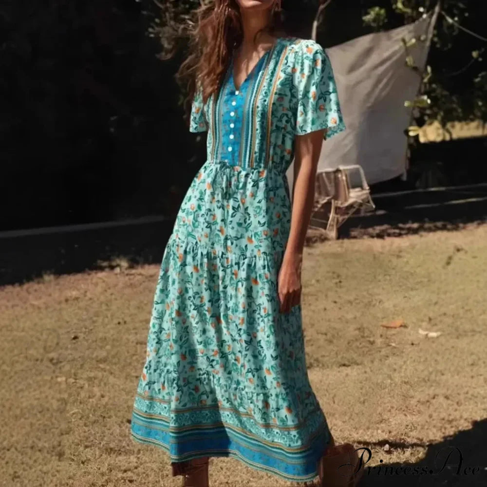 Verdant Flowery Frills Sleeve Bohemian Dress