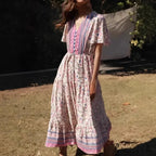 Verdant Flowery Frills Sleeve Bohemian Dress
