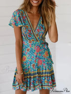 Verdant Flowery Low-cut Bohemian Sun Dress