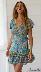 Verdant Flowery Low-cut Bohemian Sun Dress