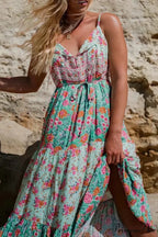 Verdant Flowery Sleeveless Rayon Long Bohemian Dress