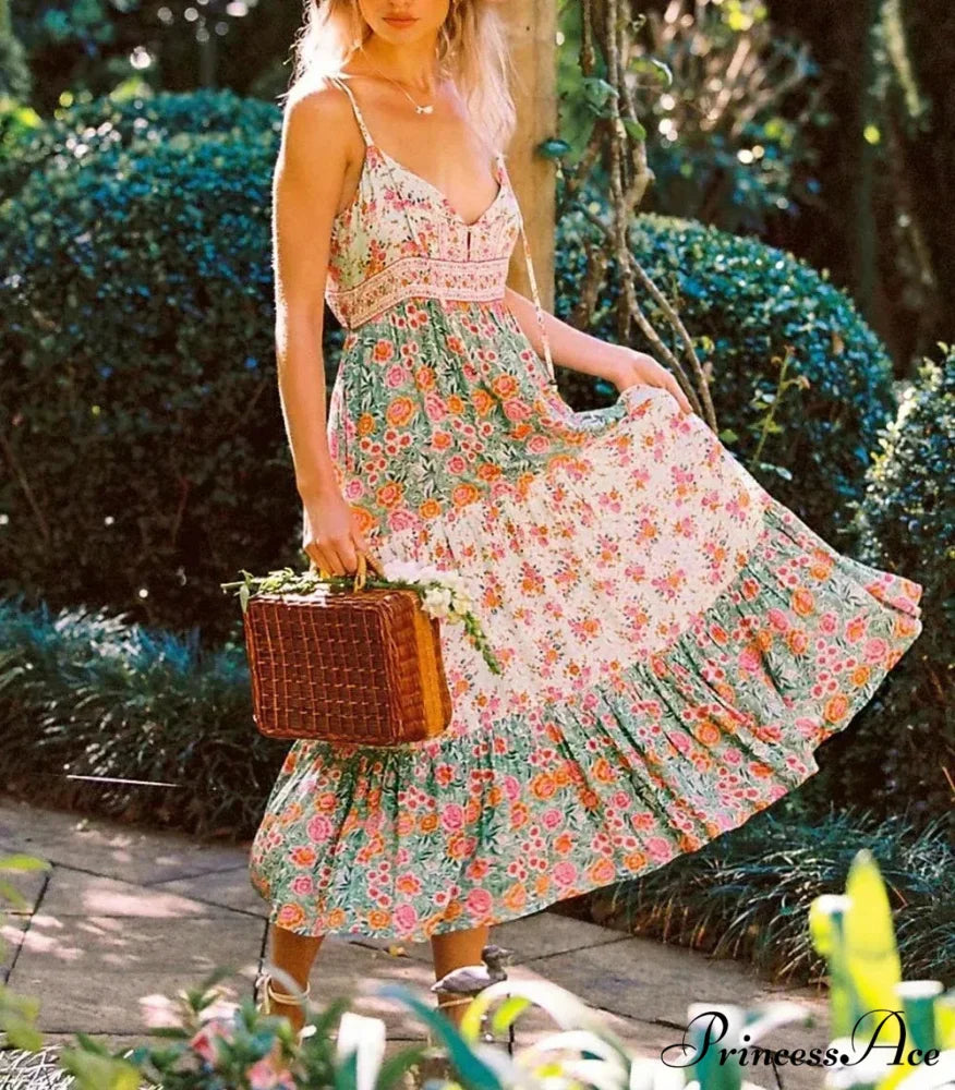 Verdant Flowery Sleeveless Rayon Long Bohemian Dress