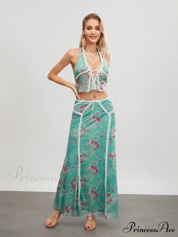 Verdant Flowery Sleeveless Tie-up Halter Backless Long Floral Dress