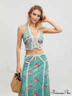 Verdant Flowery Sleeveless Tie-up Halter Backless Long Floral Dress
