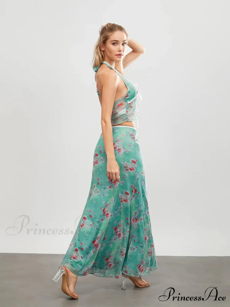 Verdant Flowery Sleeveless Tie-up Halter Backless Long Floral Dress
