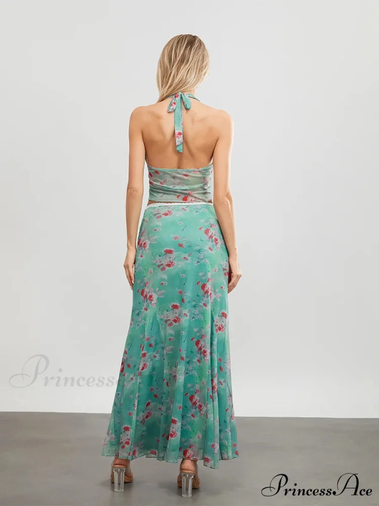 Verdant Flowery Sleeveless Tie-up Halter Backless Long Floral Dress
