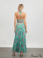 Verdant Flowery Sleeveless Tie-up Halter Backless Long Floral Dress