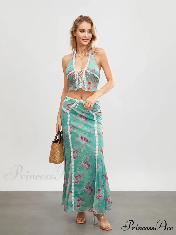 Verdant Flowery Sleeveless Tie-up Halter Backless Long Floral Dress