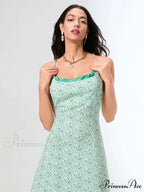 Verdant Flowery Tie-up Rear Cross Airy Floral Dress