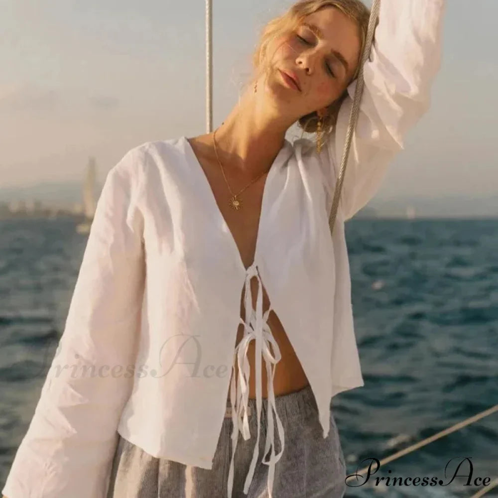 Verdant Linen Tie-Up Extended Sleeve V-neck Blouse