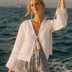 Verdant Linen Tie-Up Extended Sleeve V-neck Blouse