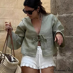 Verdant Linen Tie-Up Extended Sleeve V-neck Blouse