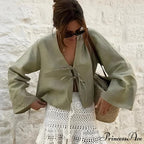 Verdant Linen Tie-Up Extended Sleeve V-neck Blouse