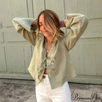 Verdant Linen Tie-Up Extended Sleeve V-neck Blouse