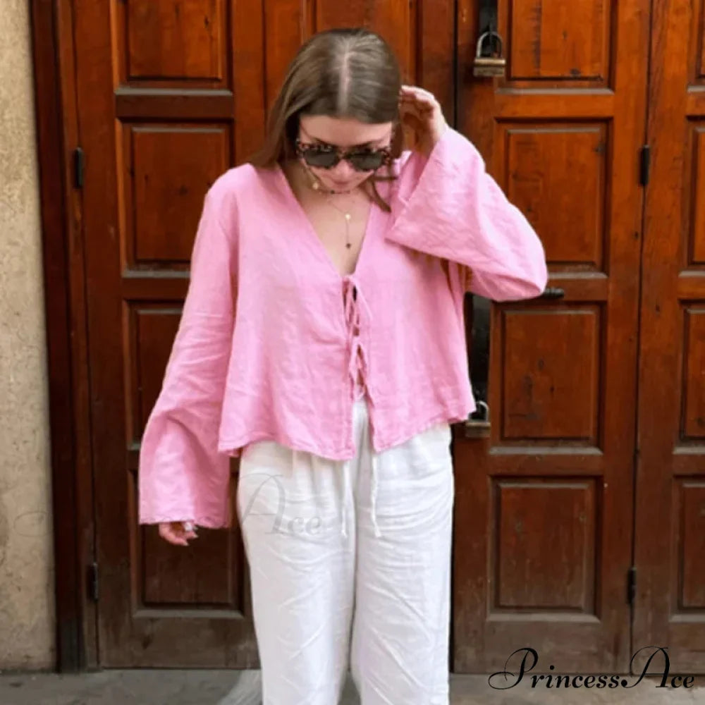 Verdant Linen Tie-Up Extended Sleeve V-neck Blouse