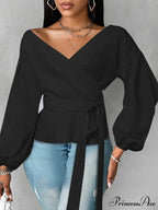 Vestment Sleeve Frilled Cinched Monochrome Blouse
