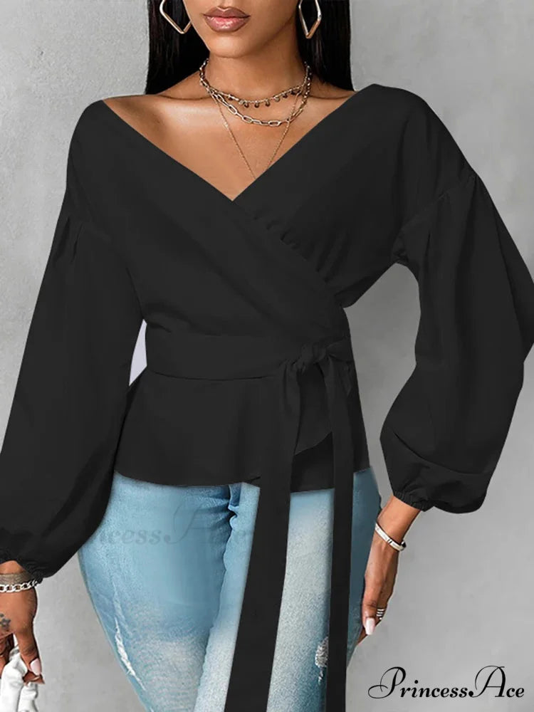 Vestment Sleeve Frilled Cinched Monochrome Blouse